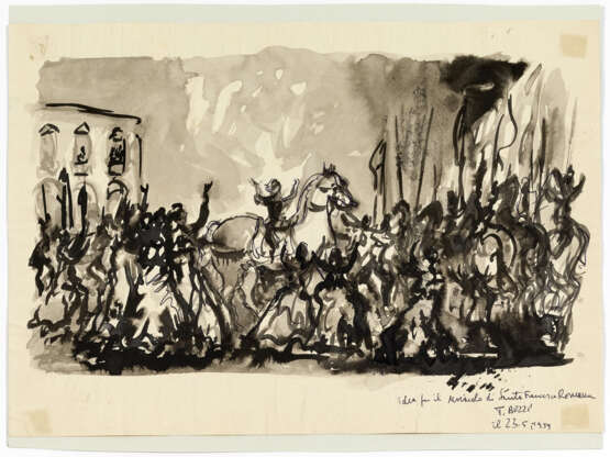 "Idea per il miracolo di Santa Francesca Romana" | Ink drawing on paper. Italy, 1959. Signed, titled and dated 28.II.1945 on the bottom right. (21x30 cm.) (slight defects) - Foto 1