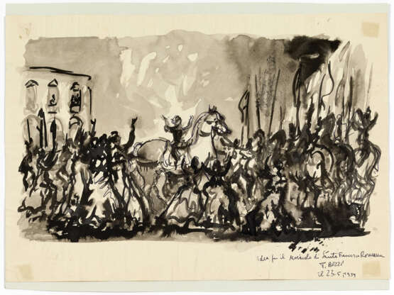 "Idea per il miracolo di Santa Francesca Romana" | Ink drawing on paper. Italy, 1959. Signed, titled and dated 28.II.1945 on the bottom right. (21x30 cm.) (slight defects) - Foto 2