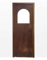 Dark wooden door with glass lunette