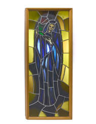 Stained glass window mounted on luminous panel, decorated with a female figure holding a luminous red lily with the Virgin (Willy K 58). Execution by Fontana Arte,, 1958. Wooden frame with lead-bound coloured and painted glass. signed, located and da