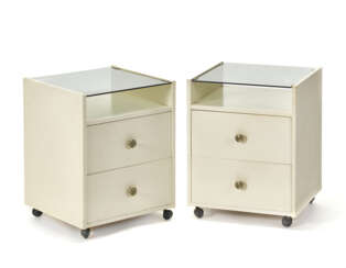 Pair of bedside tables. Produced by Sormani, Italy, 1960s. Two drawers, smoked glass shelf, white lacquered wooden frame. (39.8x50.5x37 cm.) (slight defects) | | Literature | "Domus", n. 410, gennaio 1964, p. d/190; | P. Toschi, E Magnan, Abitare 