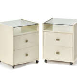Pair of bedside tables. Produced by Sormani, Italy, 1960s. Two drawers, smoked glass shelf, white lacquered wooden frame. (39.8x50.5x37 cm.) (slight defects) | | Literature | "Domus", n. 410, gennaio 1964, p. d/190; | P. Toschi, E Magnan, Abitare - Foto 1
