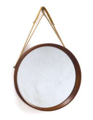 Circular shaped mirror. Italy, 1960s. Teak wood frame with rope. (d 52 cm.)