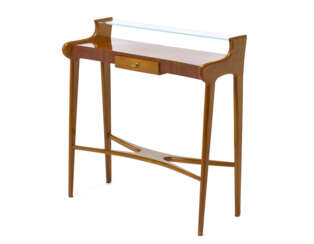 Single-drawer console with crystal shelf. 1950s. Solid wooden frame, veneered wooden shelf. (79x82x33 cm.)