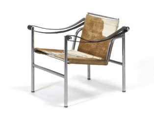 Armchair model "LC1". Produced by Cassina, Meda, disegno del 1928. Tubular steel frame, back and seat upholstered in pony skin, leather armrests. Marked by incussion on the tubular "Le corbusier LC-1 075". (60x63x65 cm.) (defects)
