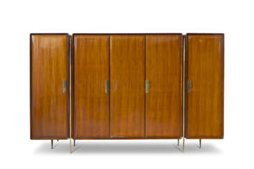 (Attributed) | Five-door cabinet. Turin, 1950s/1960s. Solid and veneered wood, brass tubular uprights, brass handles. (300x185x64 cm.) (slight defects)