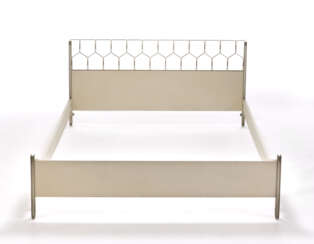 Double bed. 1960s. Metal and white lacquered wooden frame. (165.2x84x200 cm.) (slight defects)