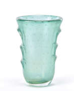 Manifattura di Murano. Transparent green blown glass vase with regularly arranged bubble inclusions