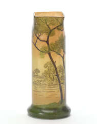 Vase. first half 20th century. Polychrome enamel-decorated blown glass with lakescape. (h 27 cm.)