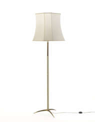 Floor lamp with stem consisting of six white painted metal rods and a central decorated brass rod, white fabric shade. Italy, 1940s/1950s. (h 177 cm.; d 56 cm.) (slight defects)