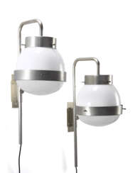 Pair of wall lamps model "Delta". Produced by Artemide,, 1960. Nickel-plated brass frame, glass light diffuser. (h 64.5 cm.) (slight defects)