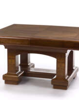 Liberty table with extendable square top, legs and crossbars inlaid in light wood and mother-of-pearl