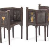 Pair of carved, ebonised and gilded wooden armchairs with partially gilded geometric plant decorations. 1920s. (57x75x46 cm.) (defects and losses) - photo 1