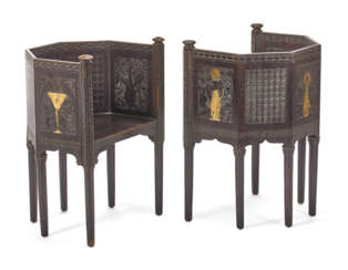 Pair of carved, ebonised and gilded wooden armchairs with partially gilded geometric plant decorations. 1920s. (57x75x46 cm.) (defects and losses)