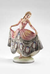 "Minuette" | Sculpture depicting dancer model "8301". Goldscheider,, 1930s/1940s. Cast ceramic painted in polychrome under glaze. Mark of the manufactory and numerals under the base. (h max 41 cm.)