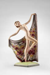 Sculpture depicting dancer model "8749". 1930s/1940s. Cast ceramic painted in polychrome under glaze. Mark of the manufactory and numerals under the base. (h max 50 cm.) (slight defects)