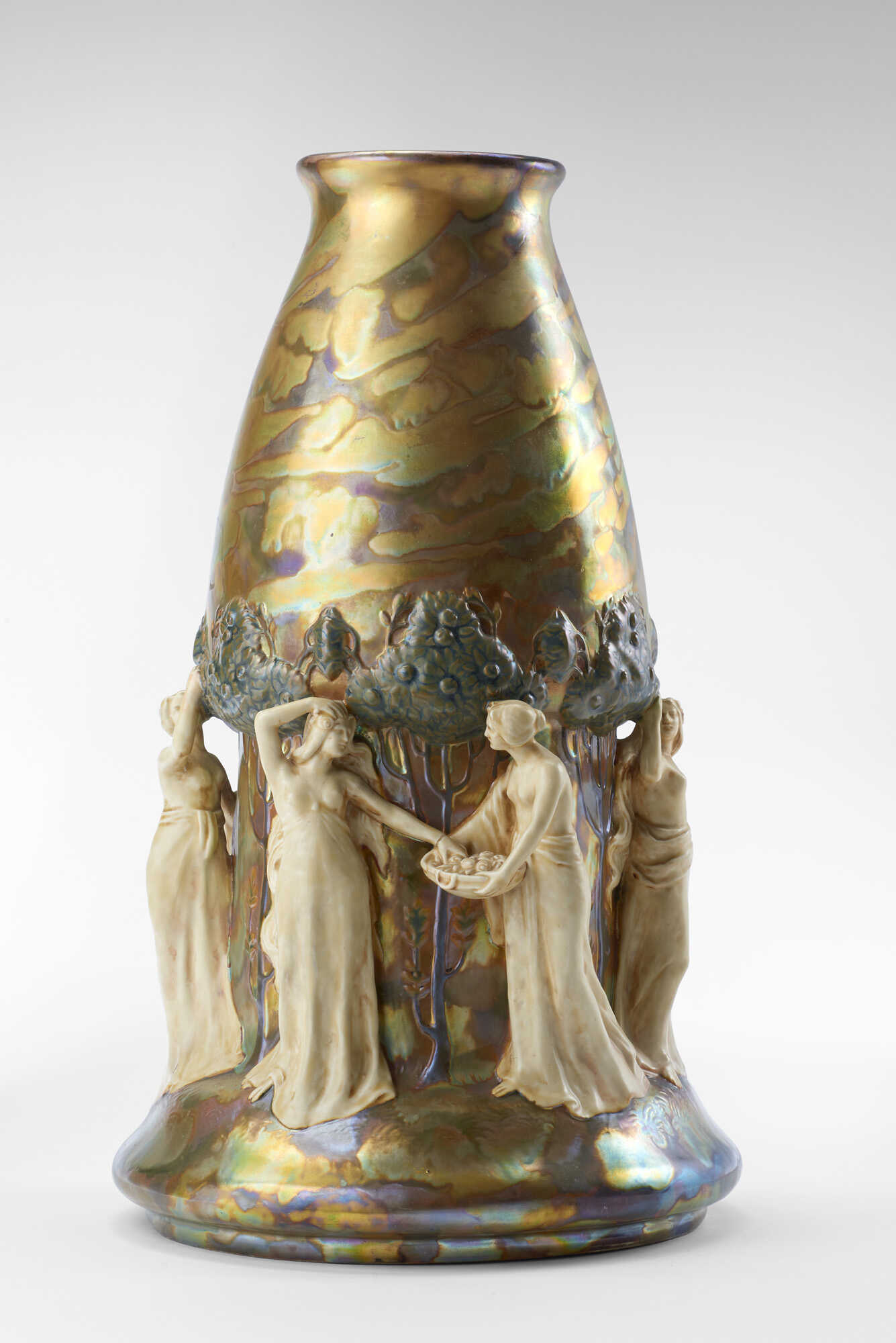 Large cast ceramic vase decorated with female figures in high relief picking fruit