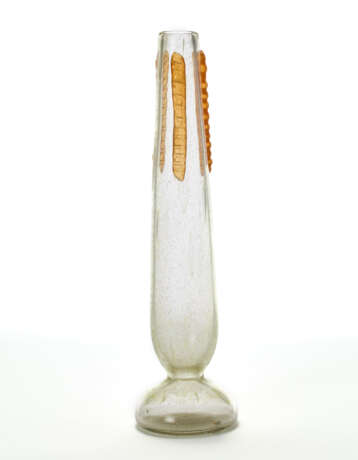 Transparent clear blown glass flower vase with irregular bubble inclusion, heat-applied decorations in transparent orange glass. France, 1920ca. Signed with engraving at the base. (h 46 cm.) - photo 1