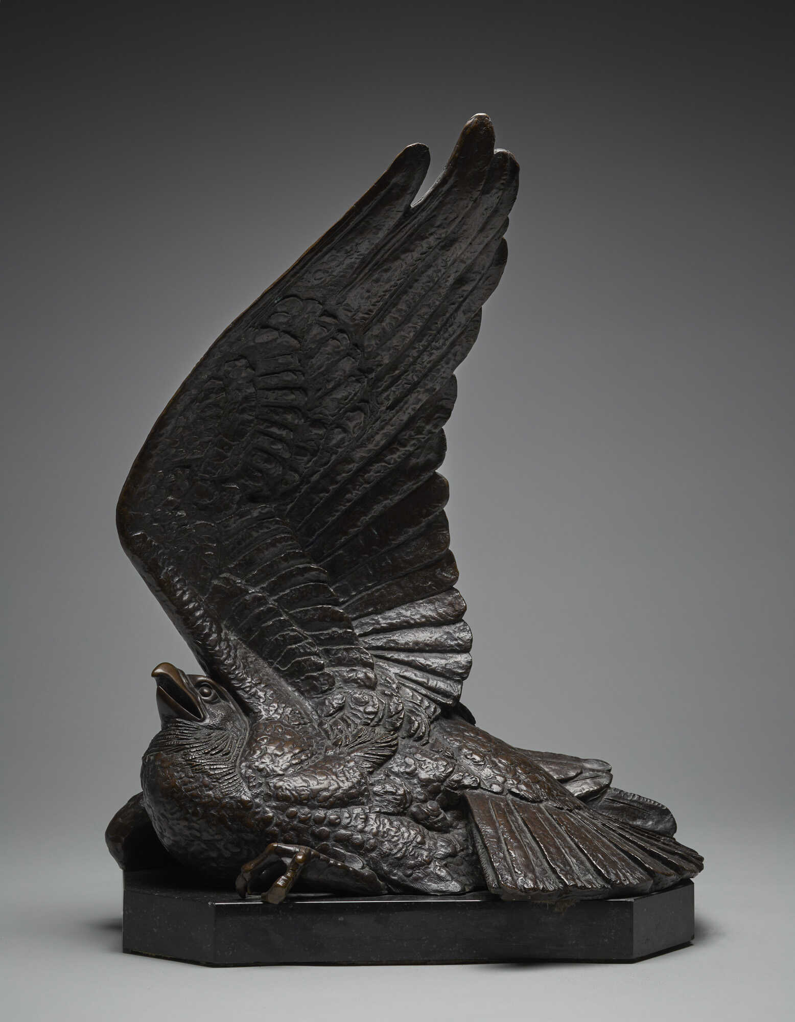 "Falco ferito" | Bronze sculpture. Italy, 1931. Mounted on black marble base. (h max 57 cm.) | | Provenance | Private collection, Milan | | Exhibition | Nominated at Compasso d'Oro del 1955 | | Literature | per esemplare analogo: | XVIII Espos