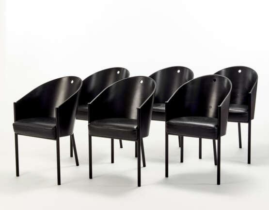 Six chairs model "Costes". Produced by Driade,, 1984. Black painted tubular steel frame, black lacquered plywood shell. Seat with polyurethane foam padding and fixed leather upholstery. (47.5x79.5x56.5 cm.) (slight defects) - Foto 1