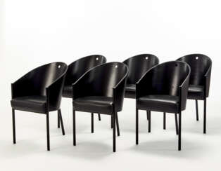 Six chairs model "Costes". Produced by Driade,, 1984. Black painted tubular steel frame, black lacquered plywood shell. Seat with polyurethane foam padding and fixed leather upholstery. (47.5x79.5x56.5 cm.) (slight defects)