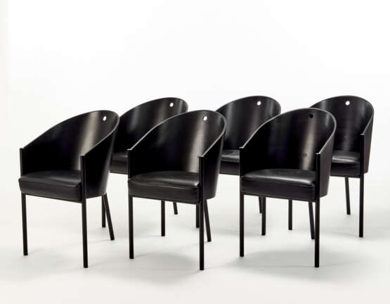Six chairs model "Costes". Produced by Driade,, 1984. Black painted tubular steel frame, black lacquered plywood shell. Seat with polyurethane foam padding and fixed leather upholstery. (47.5x79.5x56.5 cm.) (slight defects) - Foto 2