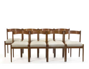 Eight chairs model "104". Produced by Cassina,, 1960s. Wooden frame, seat upholstered in white fabric. (47x78x50 cm.) (slight defects)