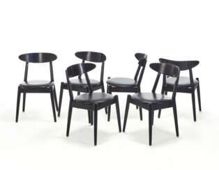 Six chairs with ebonised wooden frame and black leather seats. Produced by Peter Jeppesen, Denmark, second half 20th century. (49x75x42 cm.) (slight defects)