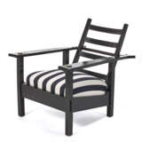 Jugendstil entrance armchair in ebonised wood with reclining backrest and seat upholstered in striped fabric - Foto 2