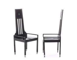 Pair of Jugendstil chairs. Probable Central European Manufacturing, early 20th century. Black lacquered solid wood and nickel-plated metal. (52x126x46 cm.) (slight defects) | | Provenance | Galleria Daniela Balzaretti, Milan | | Accompanied by t