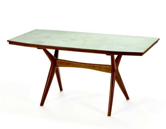 Table with shaped solid wooden trestle frame. Top edged and covered with green laminate. Italy, 1950s. (171x76x76.5 cm.) (slight defects) - фото 1
