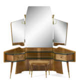 Toilet cabinet with two shelves, two drawers and two-door mirror with stool. Italy, 1950s. Wooden frame, double crystal shelf, brass handles, wall sconces and caps, bevelled crystal mirror with brass star applications. (166x163x63 cm.) (slight defect - photo 1