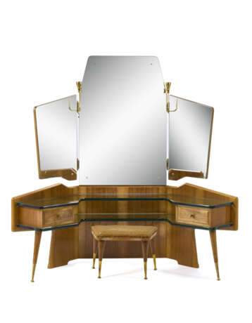 Toilet cabinet with two shelves, two drawers and two-door mirror with stool. Italy, 1950s. Wooden frame, double crystal shelf, brass handles, wall sconces and caps, bevelled crystal mirror with brass star applications. (166x163x63 cm.) (slight defect - photo 1