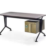 Desk with drawers model "Arco". Produced by Produzione Olivetti Arredamenti Metallici, Ivrea, 1950s. Black painted metal, wooden top, green grey plastic drawers. (200.5x81x90.5 cm.) - photo 1