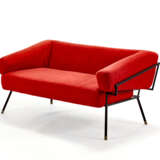 Sofa with tubular frame and black painted metal rod, seat and back upholstered in red synthetic velvet. Italy, 1960s/1970s. (135x68x78 cm.) (slight defects) - photo 1