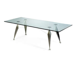 Dining table. Italy, 1990s/2000s. Thick bevelled glass top, steel plate legs, steel rope rods. (239.5x74x99.5 cm.) (defects)