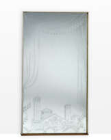 Engraved glass mirror depicting the Basilica of Sant'Ambrogio in Milan with curtains at the top, designed by architect Bacci