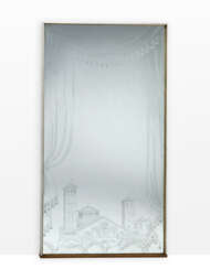 Engraved glass mirror depicting the Basilica of Sant'Ambrogio in Milan with curtains at the top, designed by architect Bacci. 1950. White painted wooden frame. Signed and dated at lower right. (98x182 cm.) (slight defects)