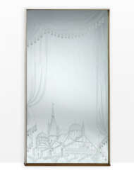 Engraved glass mirror depicting the Basilica of St. Anthony of Padua with curtains at the top, designed by architect Bacci. Italy, 1950. White painted wooden frame. Signed and dated at lower right. (98x182 cm.) (slight defects)