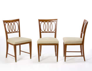 Three chairs. Probabile esecuzione F.lli Lietti fu Paolo, Cantu, 1955ca. Solid teak wood, brass caps, seat ppholstered in crème fabric. (47x90x44 cm.) (defects) | | Provenance | Private collection, Rapallo | | Accompanied by certificate of auten