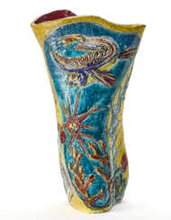 Ceramic vase decorated with marine subject, enamelled in polychrome. 1950s. Signed under the base "G. Mazzotti - Albisola". (38x67.5 cm.) (slight defects)