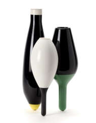 "Trois vases" | Sculpture vases. Produced by Cappellini,, 2008. Three elements with ceramic flower holders enamelled in black, white, green and yellow. (h 60 cm.)