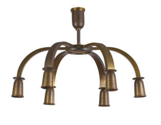 Six-light Novecento chandelier. Italy, 1930s/1940s. Brass and metal sheet. (h 45 cm.; d 67 cm.)