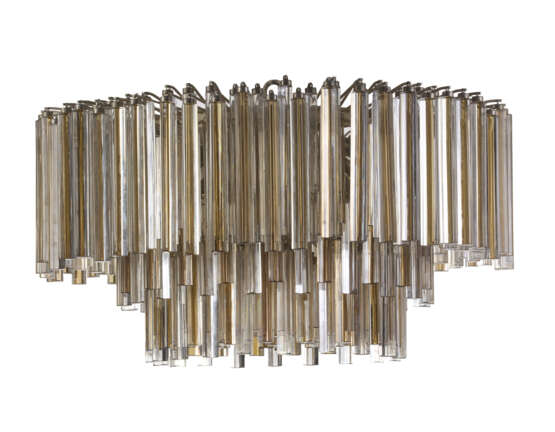 Large chandelier of the series "Trilobo". Murano, 1970s. Metal rod frame, transparent yellow and lattimo submerged glass pendants. (h 45 cm.; d 90 cm.) (defects and losses) - фото 1