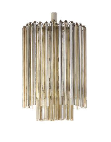 Large chandelier of the series "Trilobo". Murano, 1970s. Metal rod frame, transparent yellow and lattimo submerged glass pendants. (h 87 cm.; d 62 cm.) (defects and losses) - Foto 1