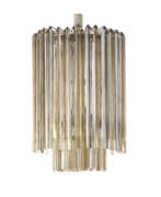 Venini & Cо. Large chandelier of the series "Trilobo". Murano, 1970s. Metal rod frame, transparent yellow and lattimo submerged glass pendants. (h 87 cm.; d 62 cm.) (defects and losses)
