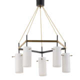 Brass and black painted metal chandelier, five cylindrical opal glass light diffusers. Italy, 1960s. (h 70 cm.; d 52 cm.) (slight defects) - photo 1
