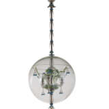 Colourless glass chandelier, with green and blue glass paste applications, decorated with flowers and leaves included in crystal glass globe. 1930s/1940s. (h 85 cm.; d 35 cm.) (slight defects) - photo 1