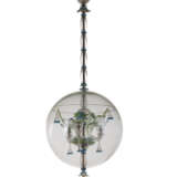 Colourless glass chandelier, with green and blue glass paste applications, decorated with flowers and leaves included in crystal glass globe - photo 1