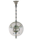 Manifattura di Murano. Colourless glass chandelier, with green and blue glass paste applications, decorated with flowers and leaves included in crystal glass globe